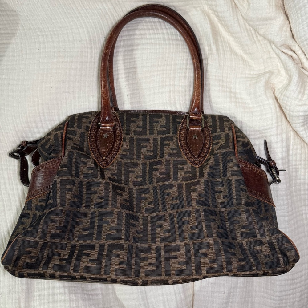 Fendi Brown and Dark Brown Zucca Canvas Tote with Leather Trim